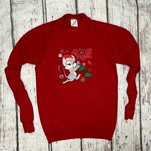 Vintage 1980s Mouse Poinsettia Christmas Ugly Sweater Party Sweatshirt